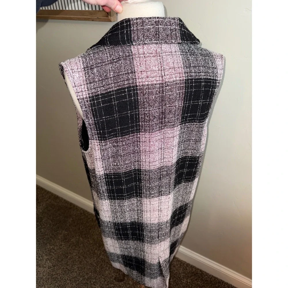 14th & UNION Plaid‎ Long Vest Blazer Women's Size M Black Pink Tweed Open Front
